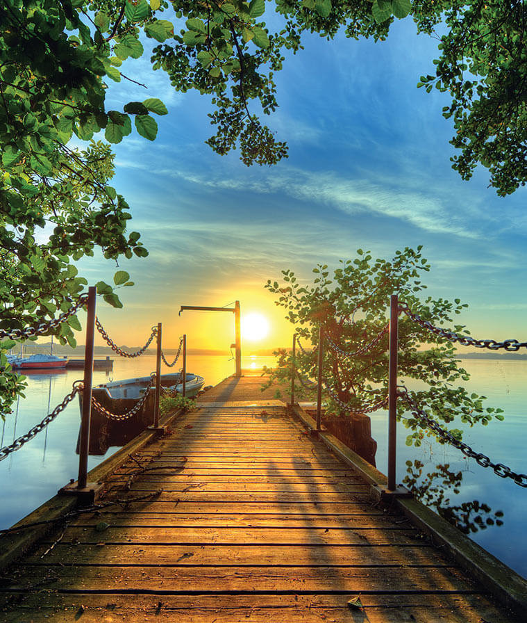 Пристань на закате - солнце, лодка, пристань, природа, река, закат, пейзаж - оригинал