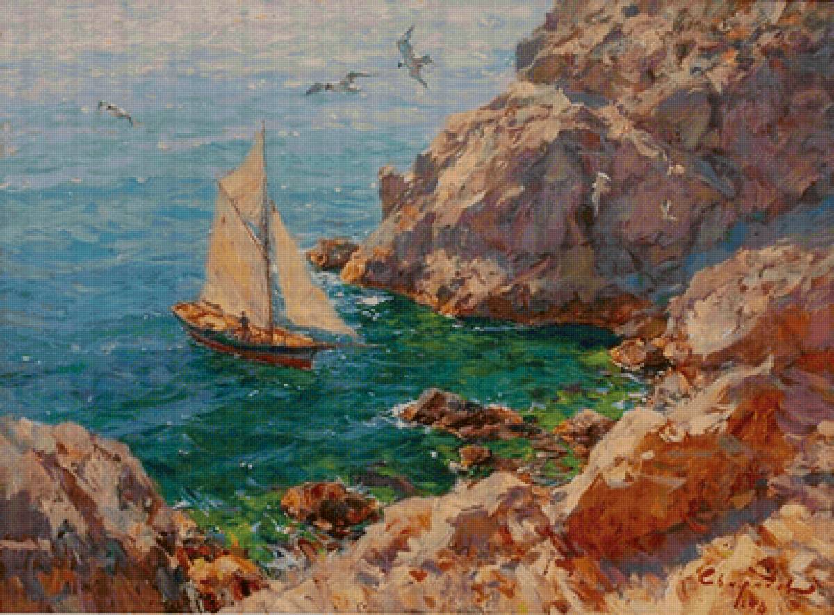 море, горы - парусник, горы, море, лето, чайки - предпросмотр