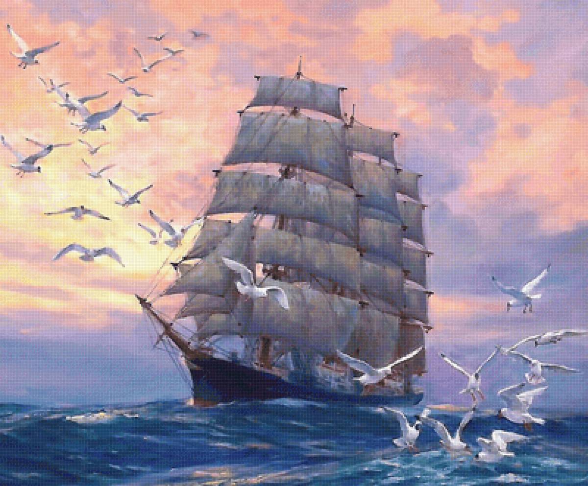 парусник - парусник, чайки, море - предпросмотр