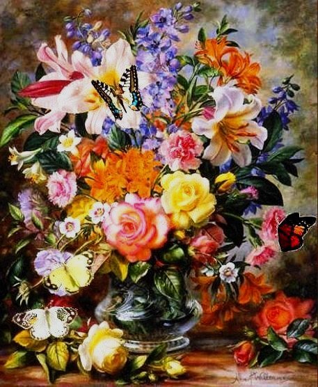 Букет и бабочки - букет, цветы, бабочки - оригинал