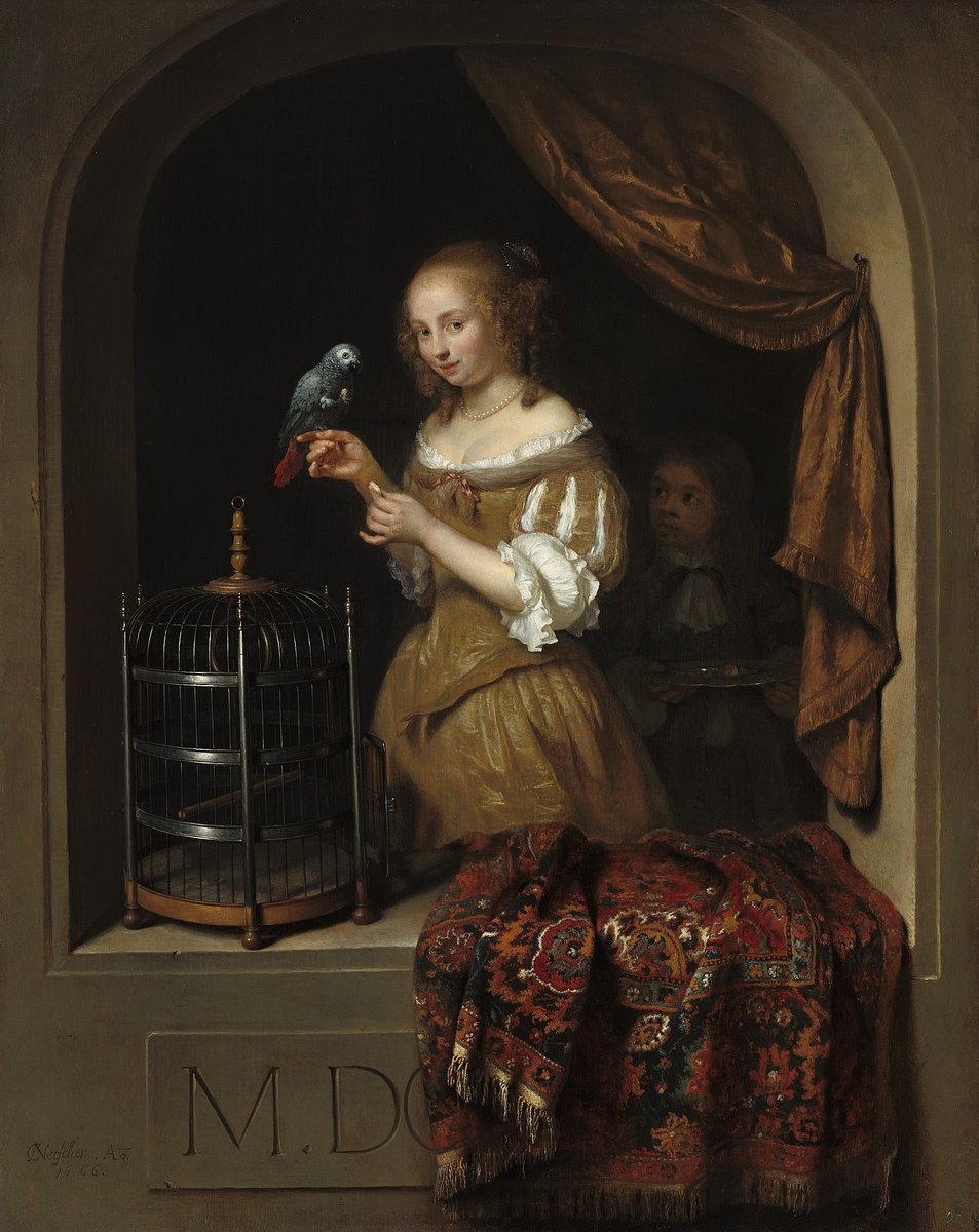 Caspar Netscher. Девушка с попугаем - 17 век, портрет, девушка, жанровая живопись - оригинал