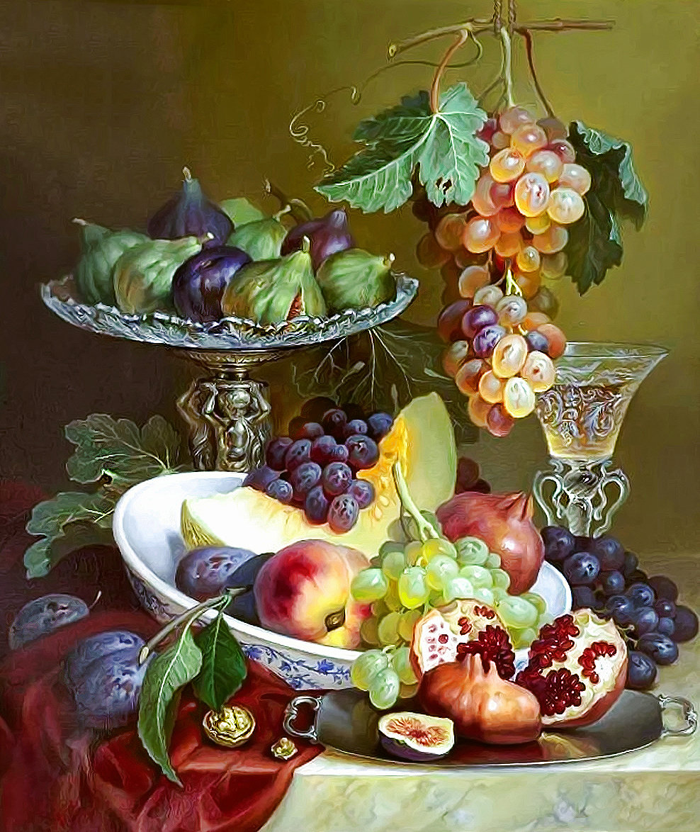 Серия "Натюрморты". - натюрморт, вино, виноград, фрукты - оригинал