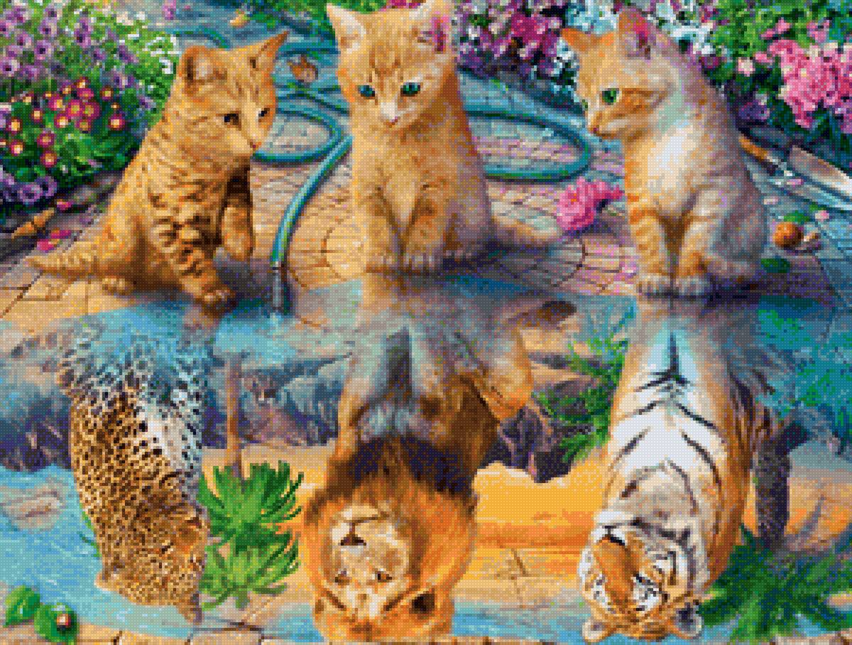 Мечтатели - ягуар, лев, тигр, отражение, котята - предпросмотр