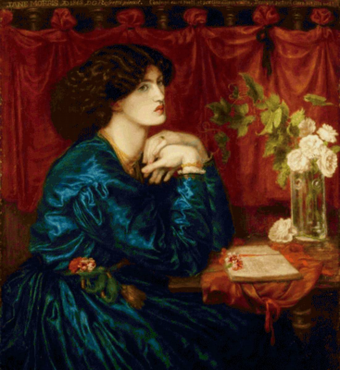 Dante Gabriel Rossetti. Джейн Моррис (Синее платье) - девушка, прерафаэлиты, портрет, живопись, 19 век - предпросмотр