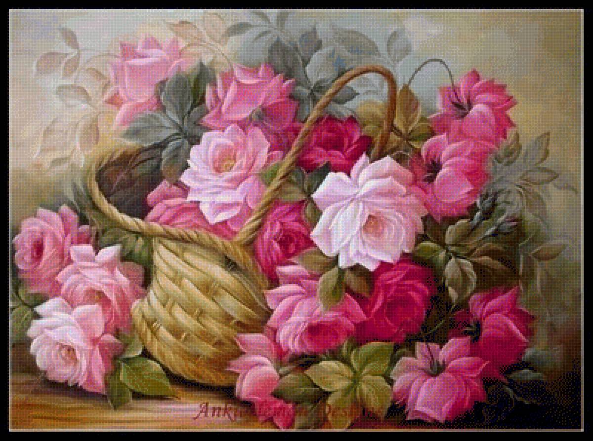 Розовые розы - карзина, розы - предпросмотр