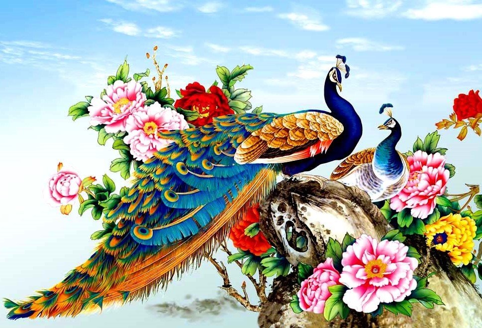 Павлины - птицы, цветы, павлины - оригинал