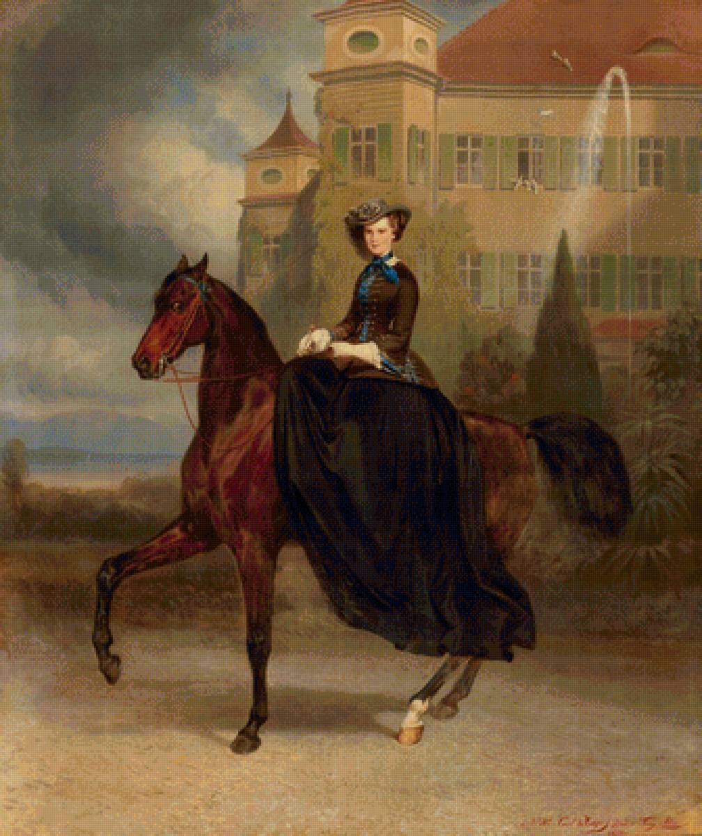Всадница во дворе замка - лошадь, верховая езда, дама, замок - предпросмотр