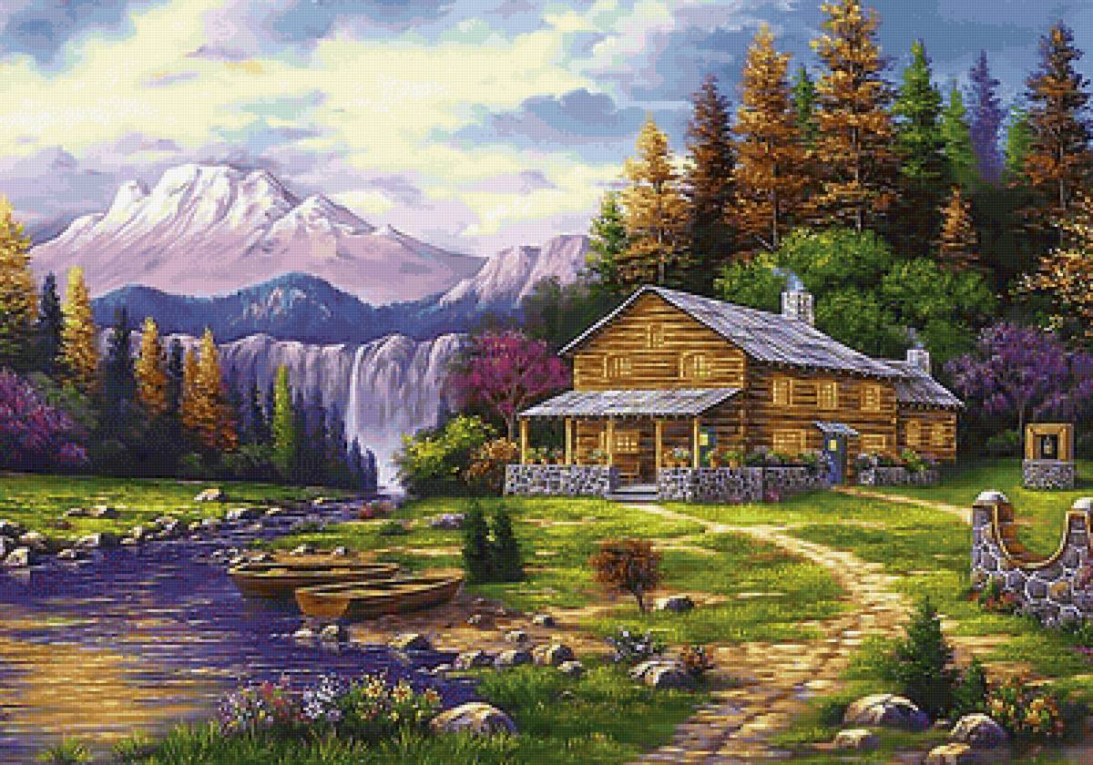 Домик в горах. - живопись, горы, река, водопад, домик, пейзаж - предпросмотр