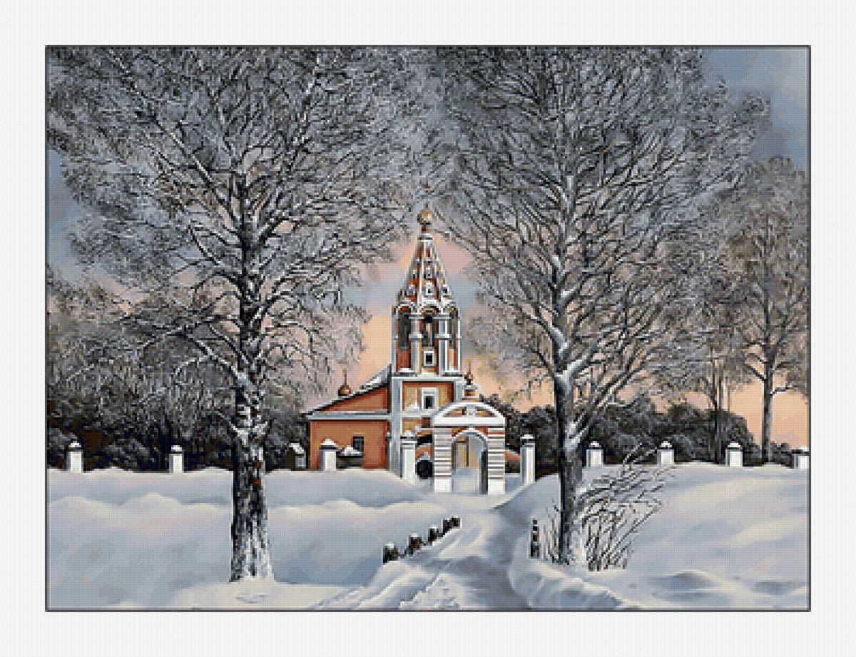 Зимний пейзаж с церковью. - зима, пейзаж, храм, снег, березы - предпросмотр