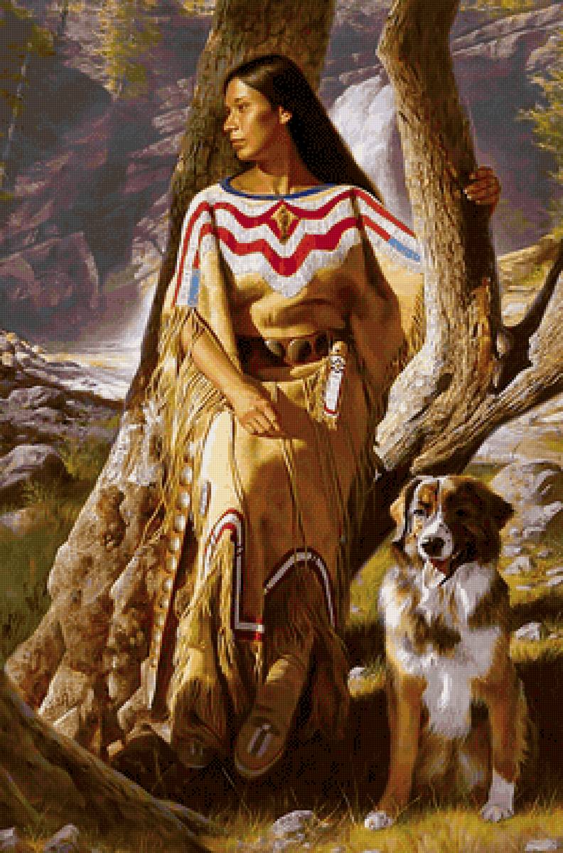 Индианка с собакой. - женщина, пейзаж, индианка, девушка, собака - предпросмотр