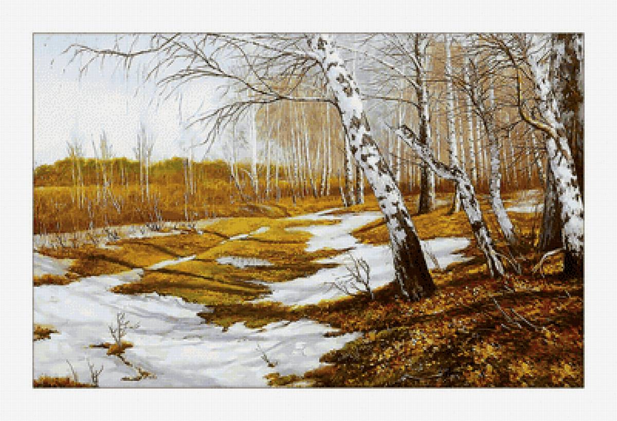 Весенний пейзаж. - березы, весна, снег, пейзаж, роща, живопись - предпросмотр