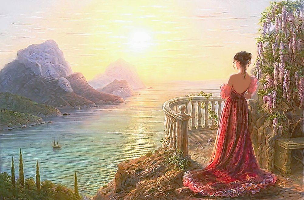 у моря - девушка, море, терраса - оригинал