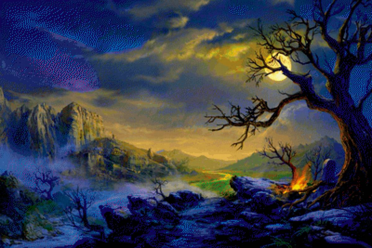 Фантастический пейзаж - цветы, фантастика, закат, природа, пейзаж, рассвет - предпросмотр