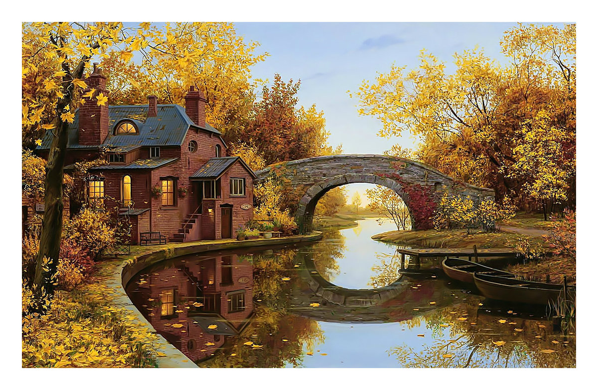 Старый мост. - вода, река, пейзаж, живопись, осень, мост, лодка, природа - оригинал