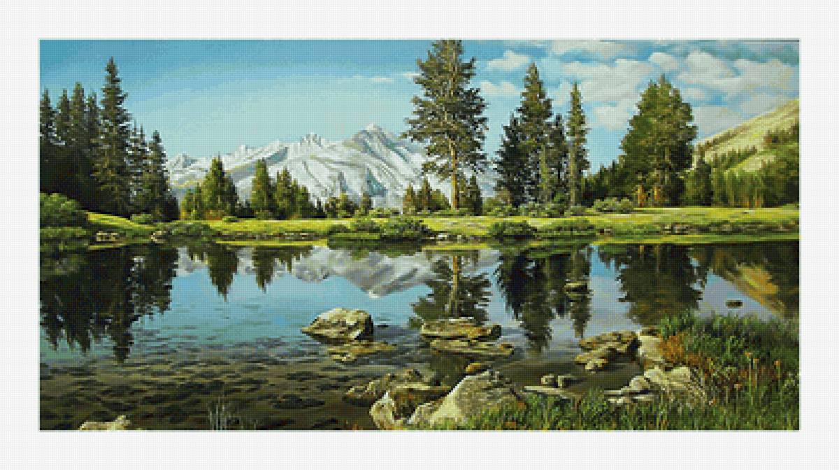 Горное озеро. - живопись, пейзаж, деревья, озеро, природа, горы - предпросмотр