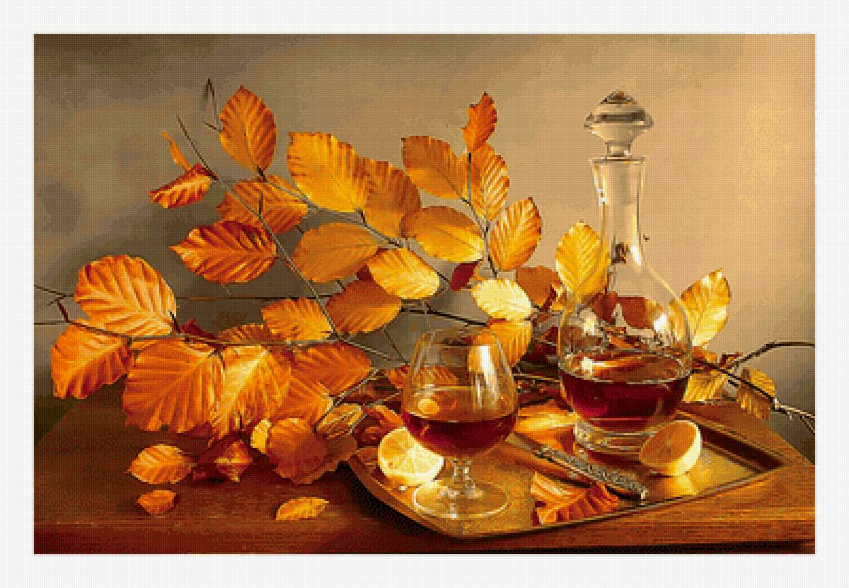 Осенний натюрморт. - осень, коньяк, листья, веточки, живопи, букет, бокалы, натюрморт - предпросмотр