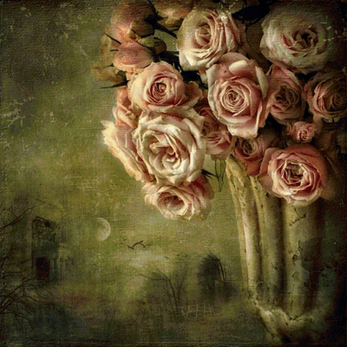 ретро - цветы, ретро, розы, зеленый фон - предпросмотр