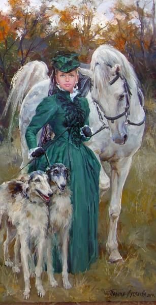 на прогулке - лошадь, амазонка, природа, собаки - оригинал