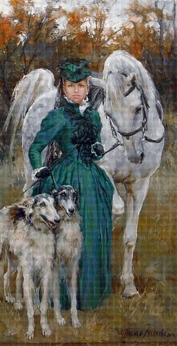 на прогулке - лошадь, амазонка, собаки, природа - предпросмотр