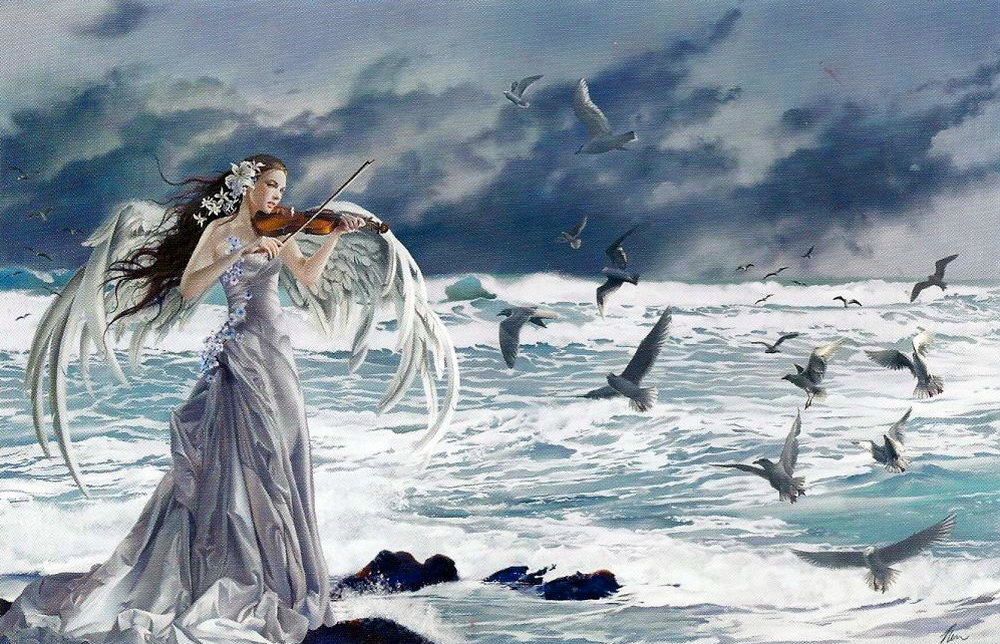 художник nene thomas29 - чайки, фэнтази, скрипка, море, женщина, музыка, ангел, девушка - оригинал