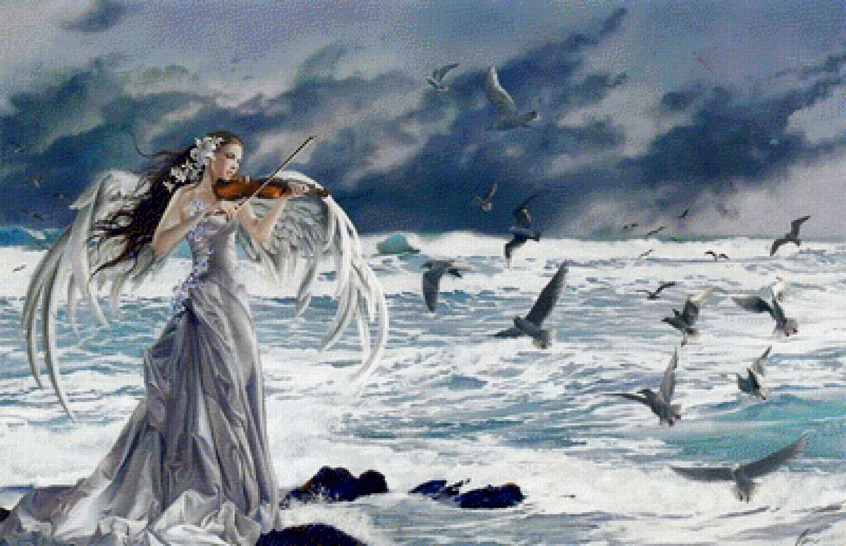 художник nene thomas29 - фэнтази, море, чайки, музыка, скрипка, женщина, ангел, девушка - предпросмотр