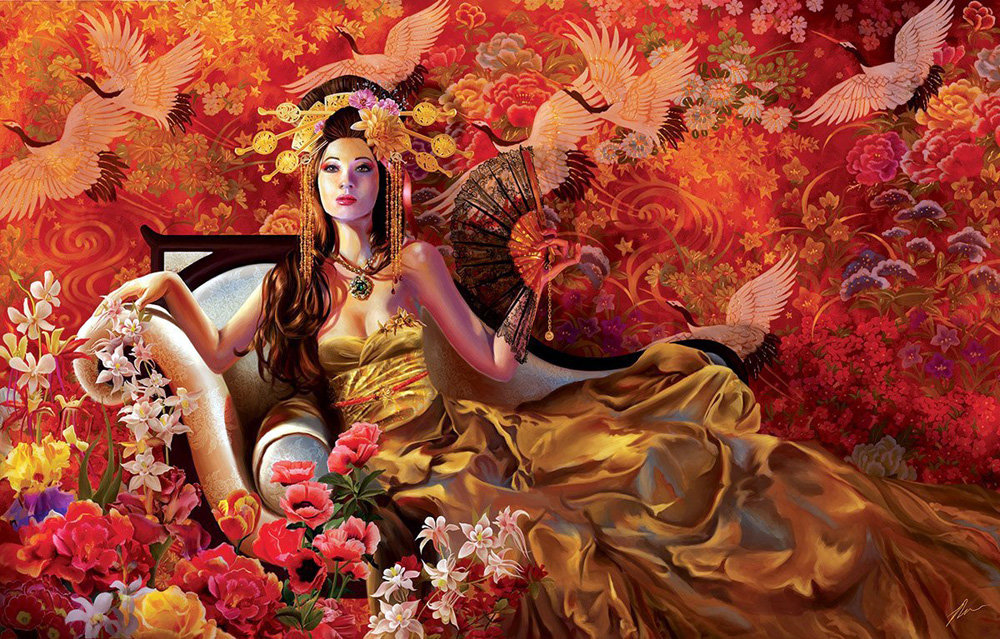 художник nene thomas35 - фэнтази, китаянка, дама, веер, женщина, девушка - оригинал