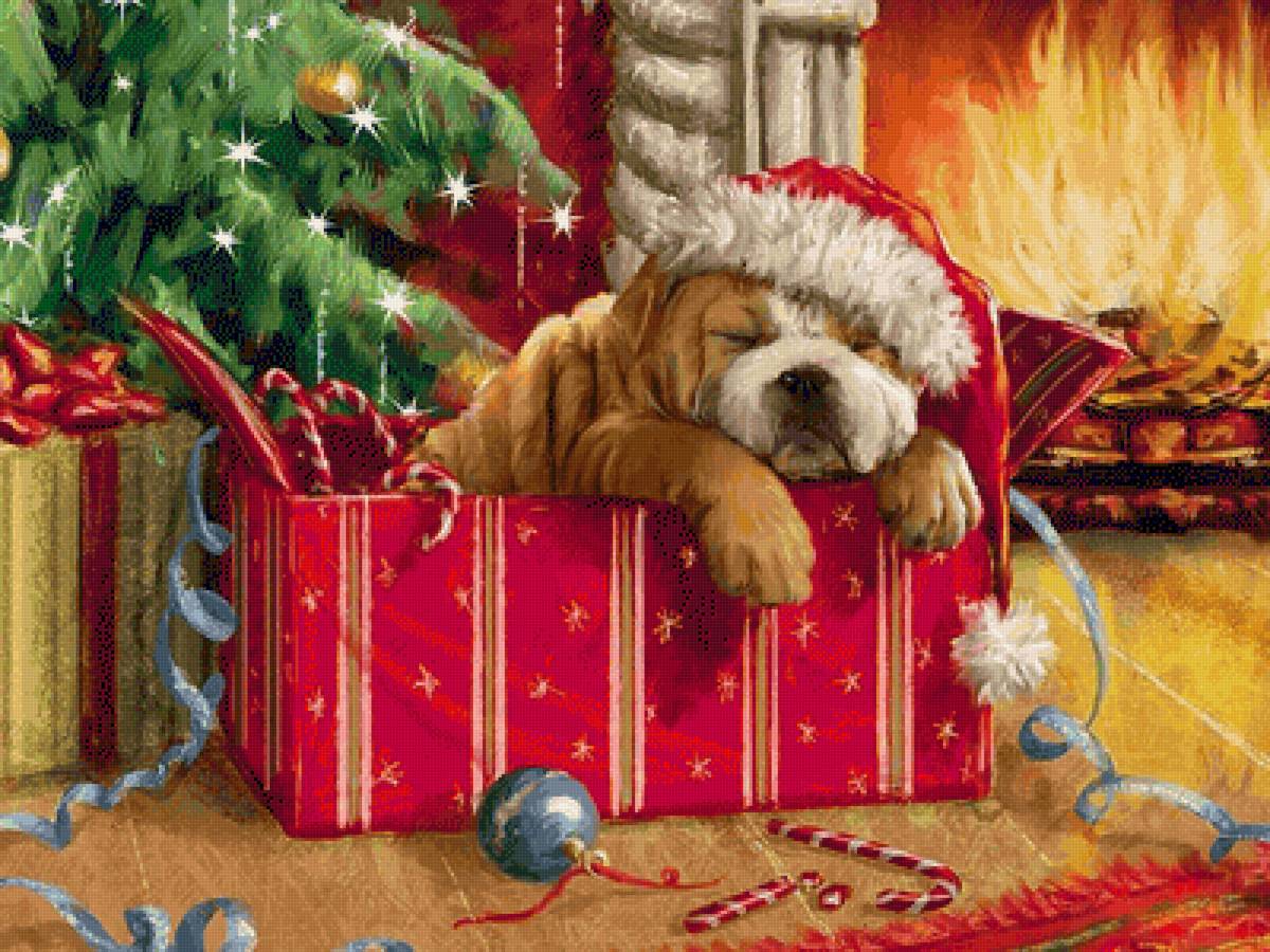 новый год, щенок - собака, новый год, елка, камин - предпросмотр