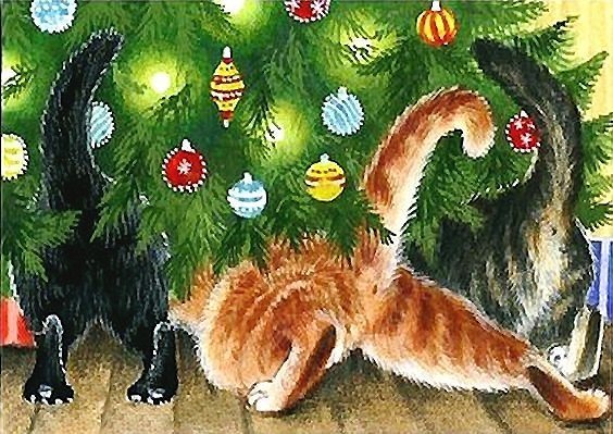 любопытные коты - кошки, елка, кошка, новый год - оригинал