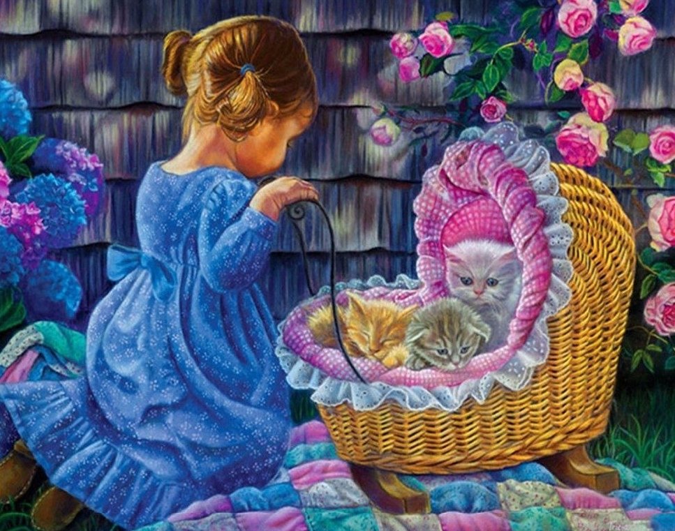 Маленькая мама - котята, девочка, дети - оригинал