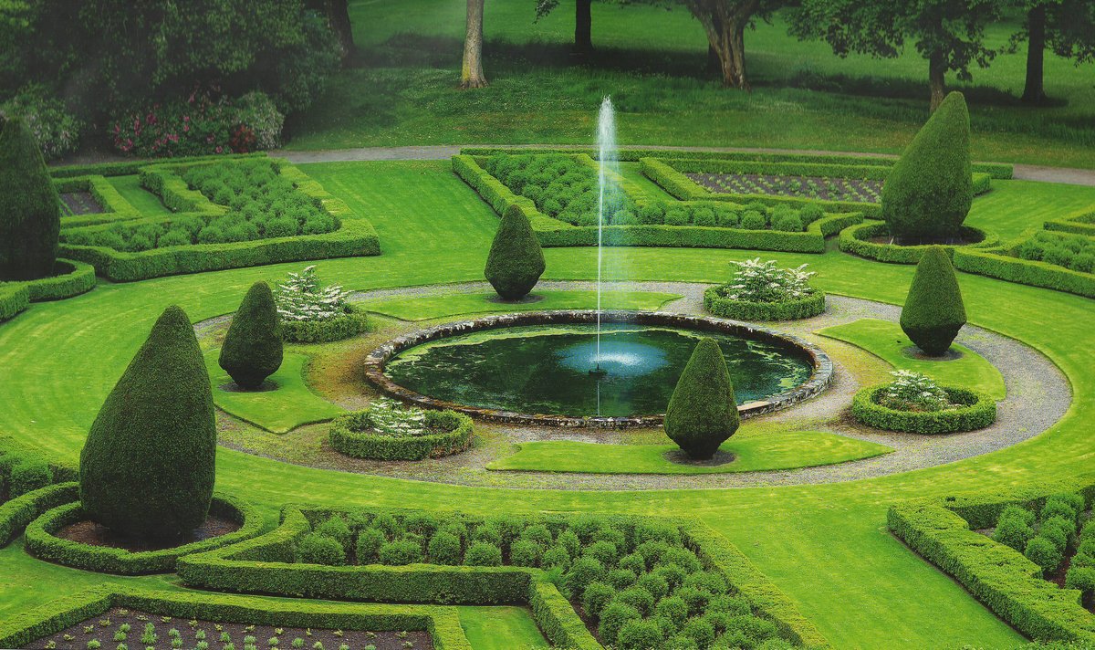 Сад замка Данробин, Шотландия - деревья, кусты, бассейн, фонтан, сад - оригинал