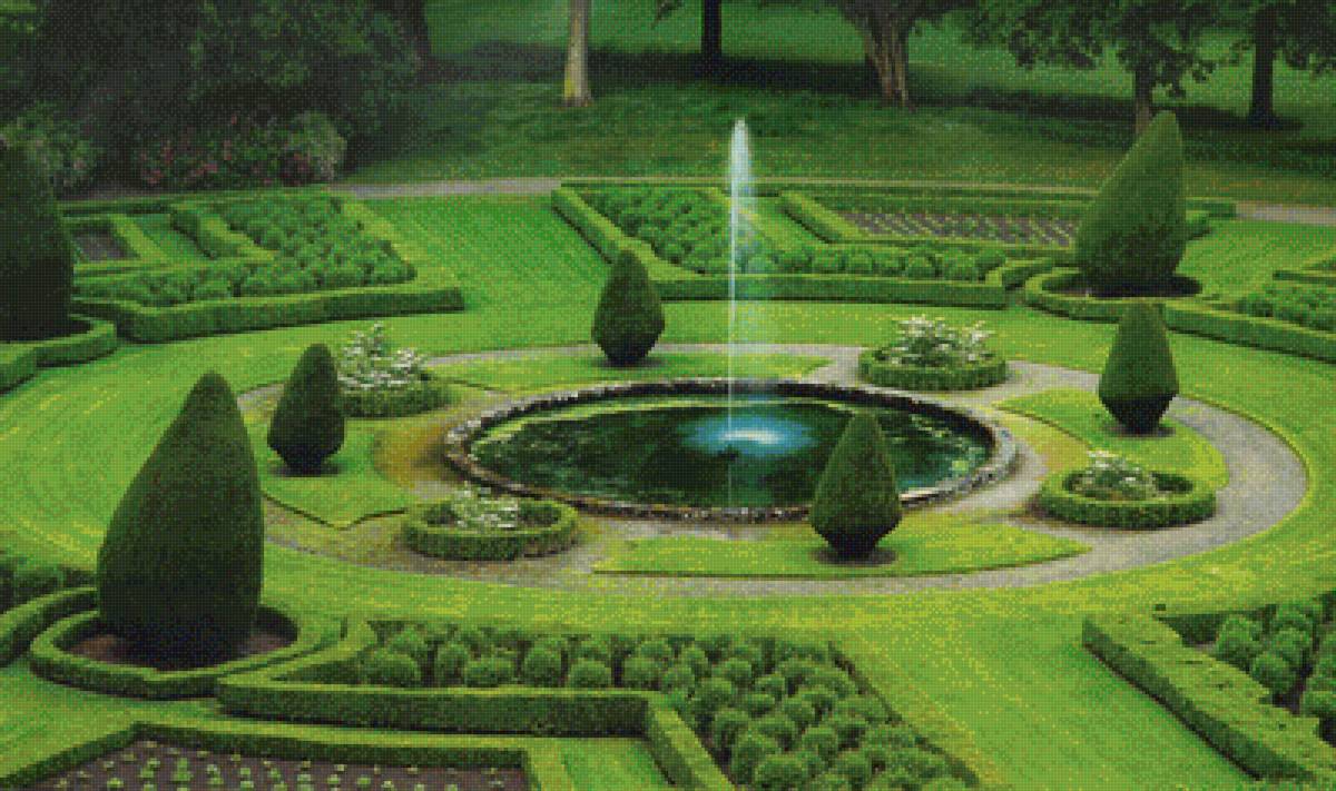 Сад замка Данробин, Шотландия - деревья, бассейн, фонтан, сад, кусты - предпросмотр