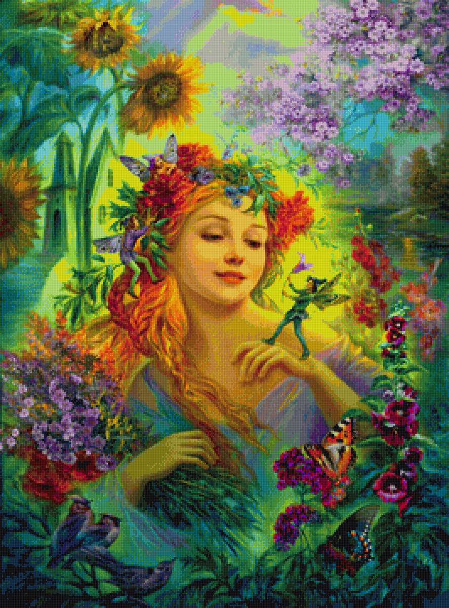 Девушка с цветами 2 - птицы, девушка, цветы - предпросмотр