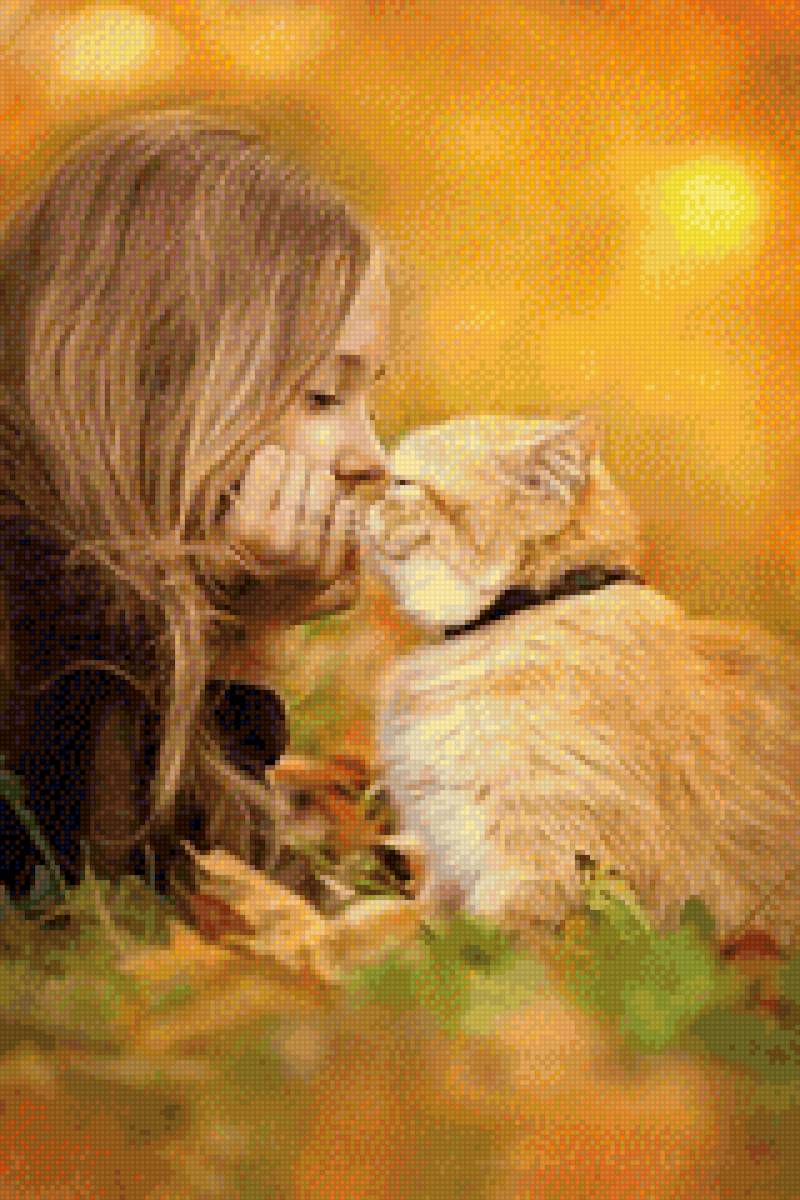 Осенняя нежность - девушка, осень, кот - предпросмотр