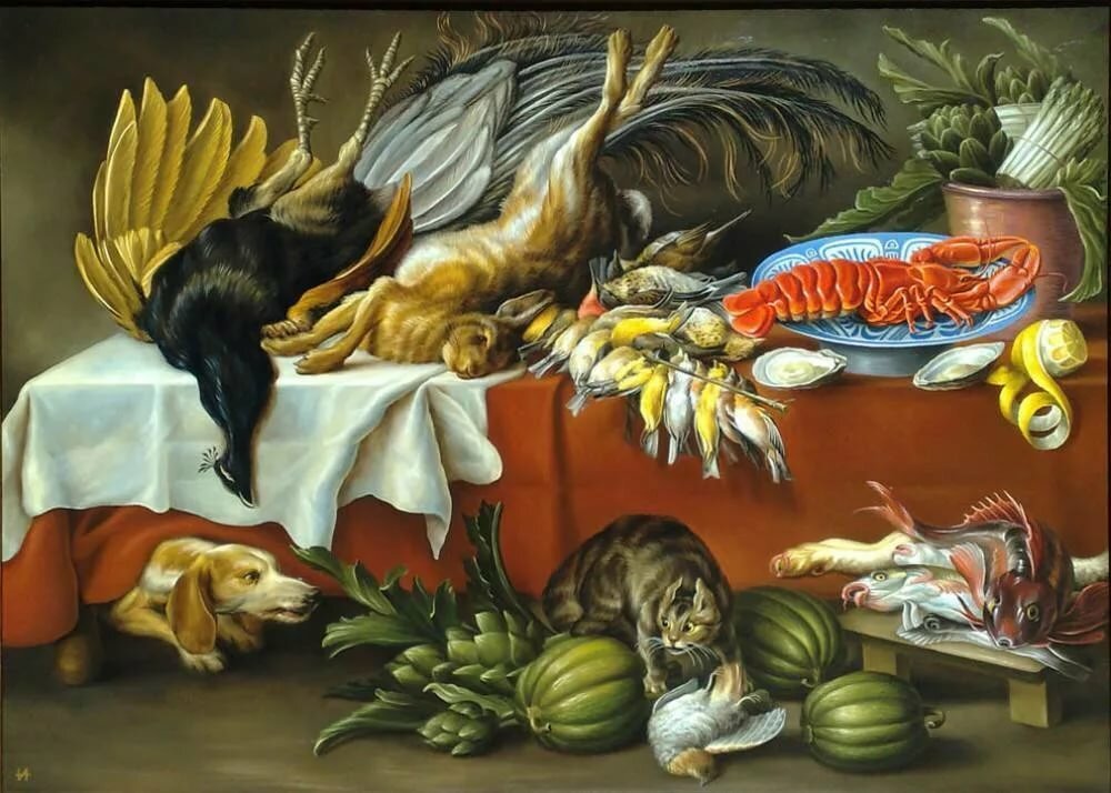 Натюрморт с котом и собакой. Франс Снайдерс - собака, овощи, натюрморт, дичь, дары моря, кот - оригинал