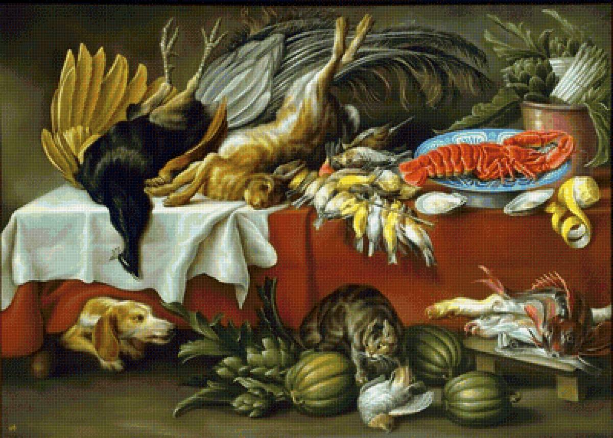 Натюрморт с котом и собакой. Франс Снайдерс - дары моря, натюрморт, овощи, кот, дичь, собака - предпросмотр