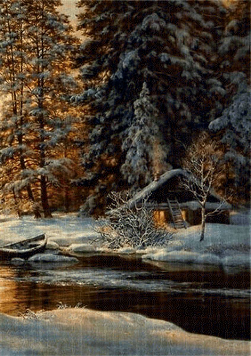 домик в лесу - река.сосны, лодка - предпросмотр