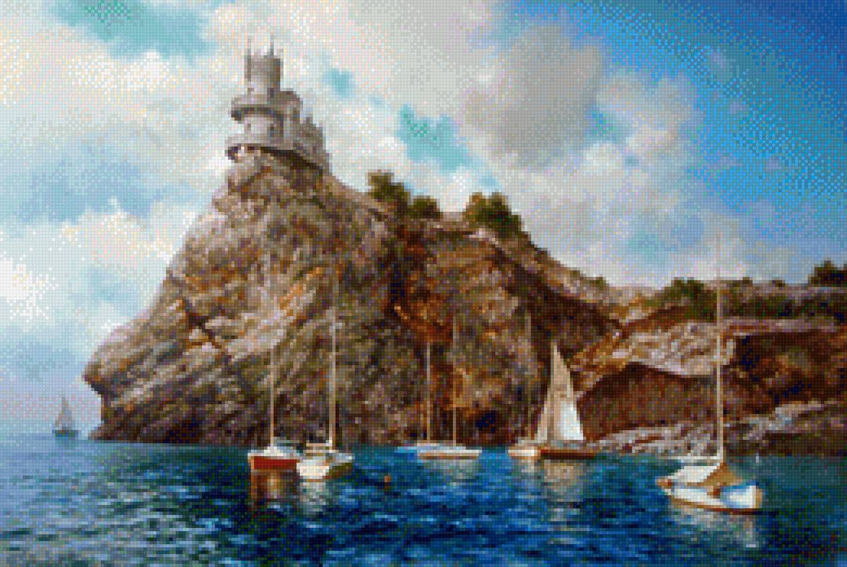 Морской пейзаж - парусники, горы, море, замок - предпросмотр