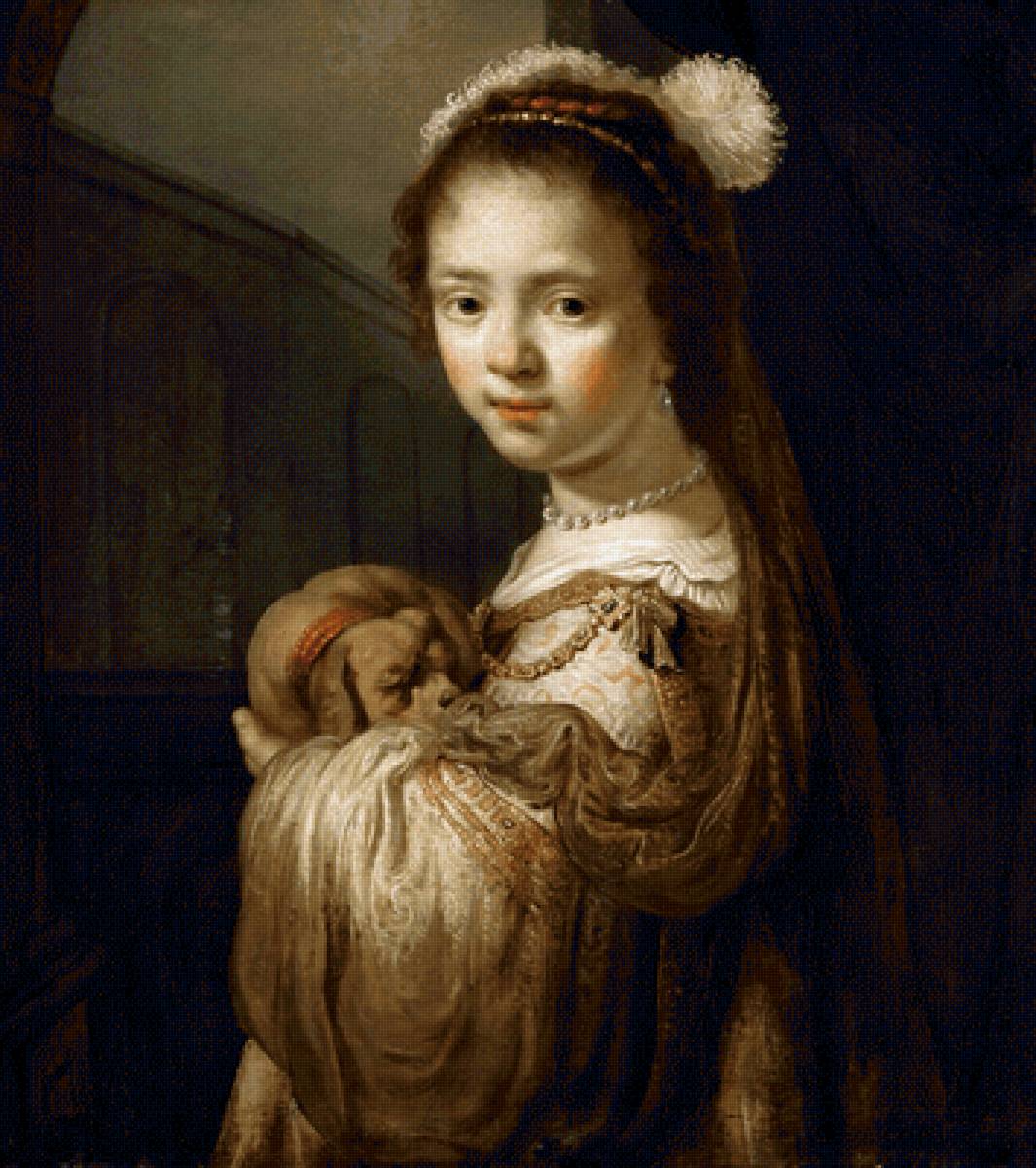 Говерт Флинк. Девочка с собакой - собака, 17 век, девочка, живопись, портрет - предпросмотр