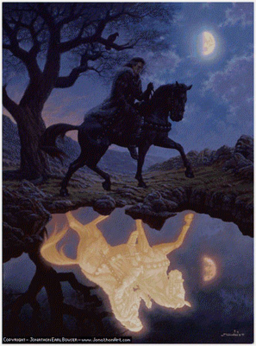 В лунном свете - лошадь, всадник, ворон, луна, отражение - предпросмотр