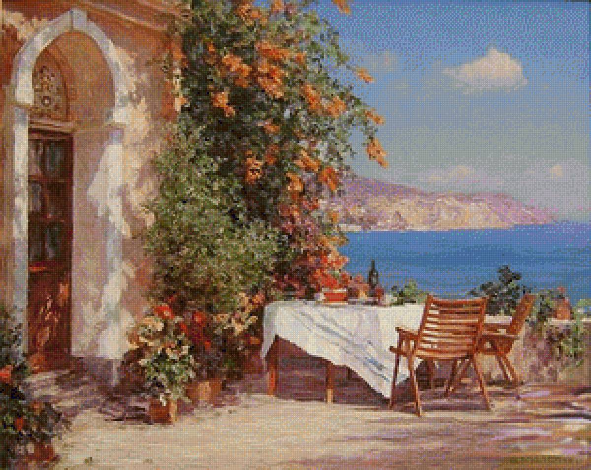 Столик у моря - юг, терраса, море, цветы - предпросмотр