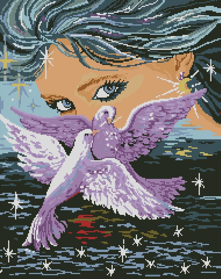 Магия взгляда (Афродита) - звезды, девушка, вода, голуби - оригинал