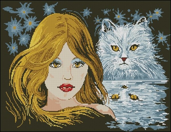 Кошачья составляющая - кошка, звезды, девушка, вода, отражение - оригинал