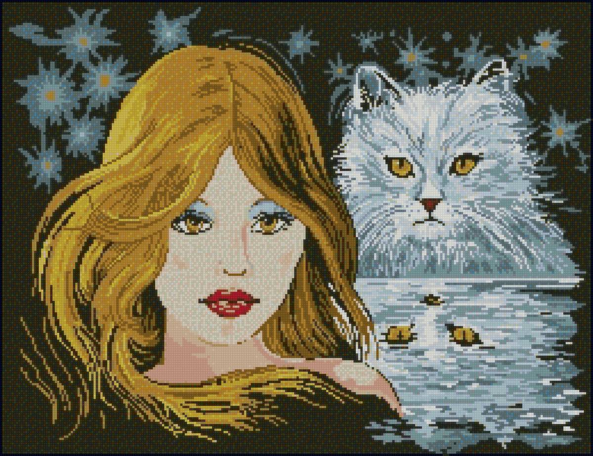 Кошачья составляющая - вода, кошка, девушка, звезды, отражение - предпросмотр