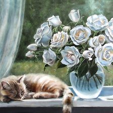 Схема вышивки «кот и букет»