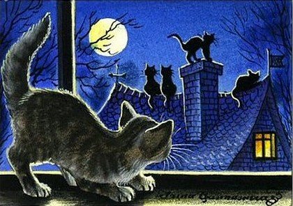 В ночь полнолуния - луна, окно, кошки, труба, крыша - оригинал