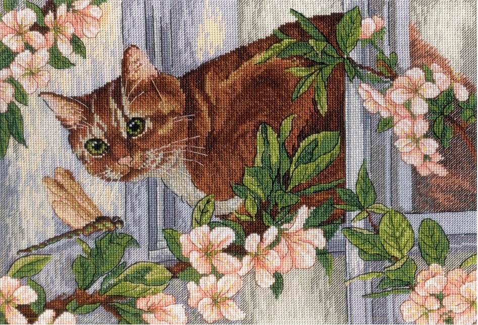 Неожиданная встреча - окно, кошка, стрекоза, весна, цветение - оригинал