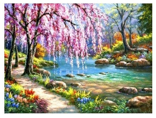 Весна-красна - деревья, тени, цветы, солнце, река - оригинал