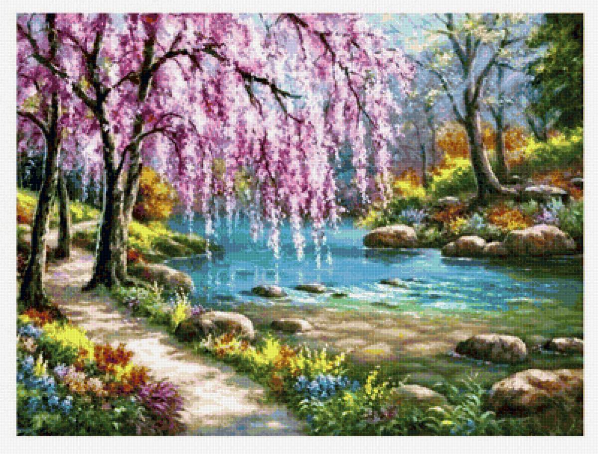 Весна-красна - деревья, цветы, солнце, река, тени - предпросмотр