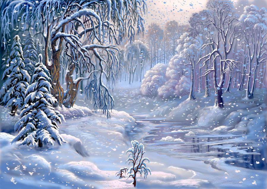 Зимушка-зима - деревья, снег, река, лед - оригинал