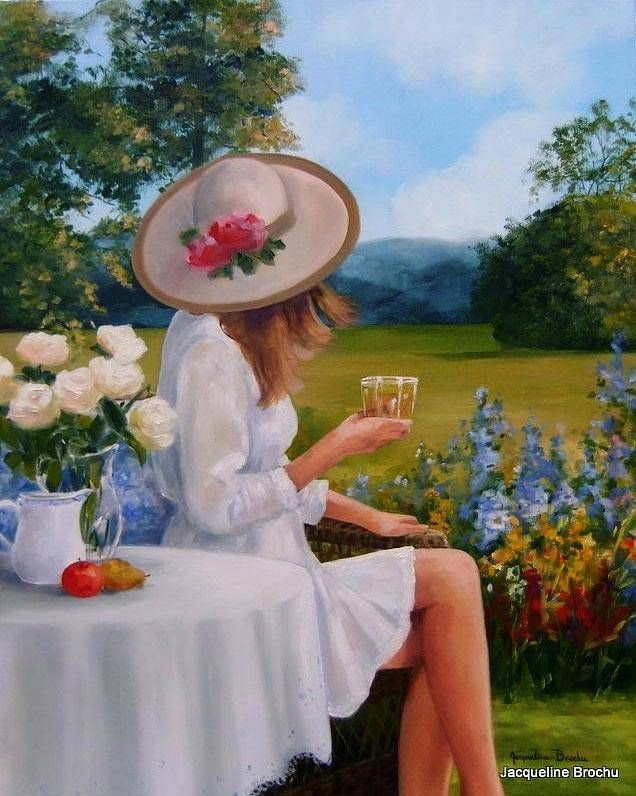 Завтрак на природе - девушка шляпа цветы - оригинал
